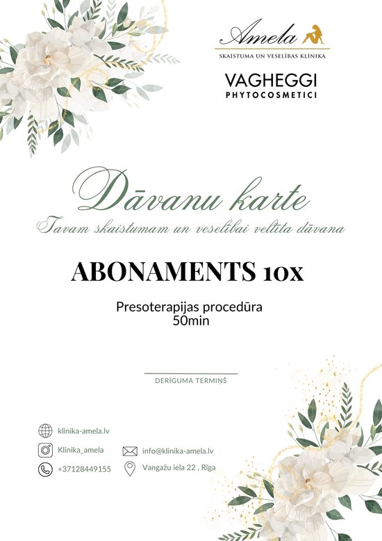 10x ABONAMENTS Presoterapijas procedūra ''PREX 8'' (ar krēma uzklāšanu) 50 min